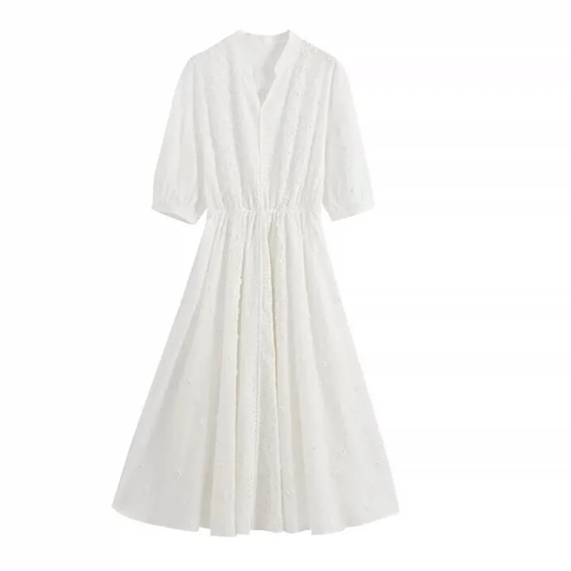 

2021 New Fashion Elegant Lace Long Dress Sweet Girl Casual Puff Sleeve Holiday Lady Vestidos Robe dress for women