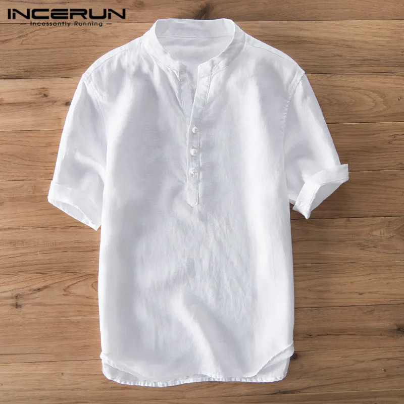 

Мужская хлопковая блузка INCERUN, повседневная однотонная блузка в китайском стиле ретро, с воротником-стойкой, лето 2021