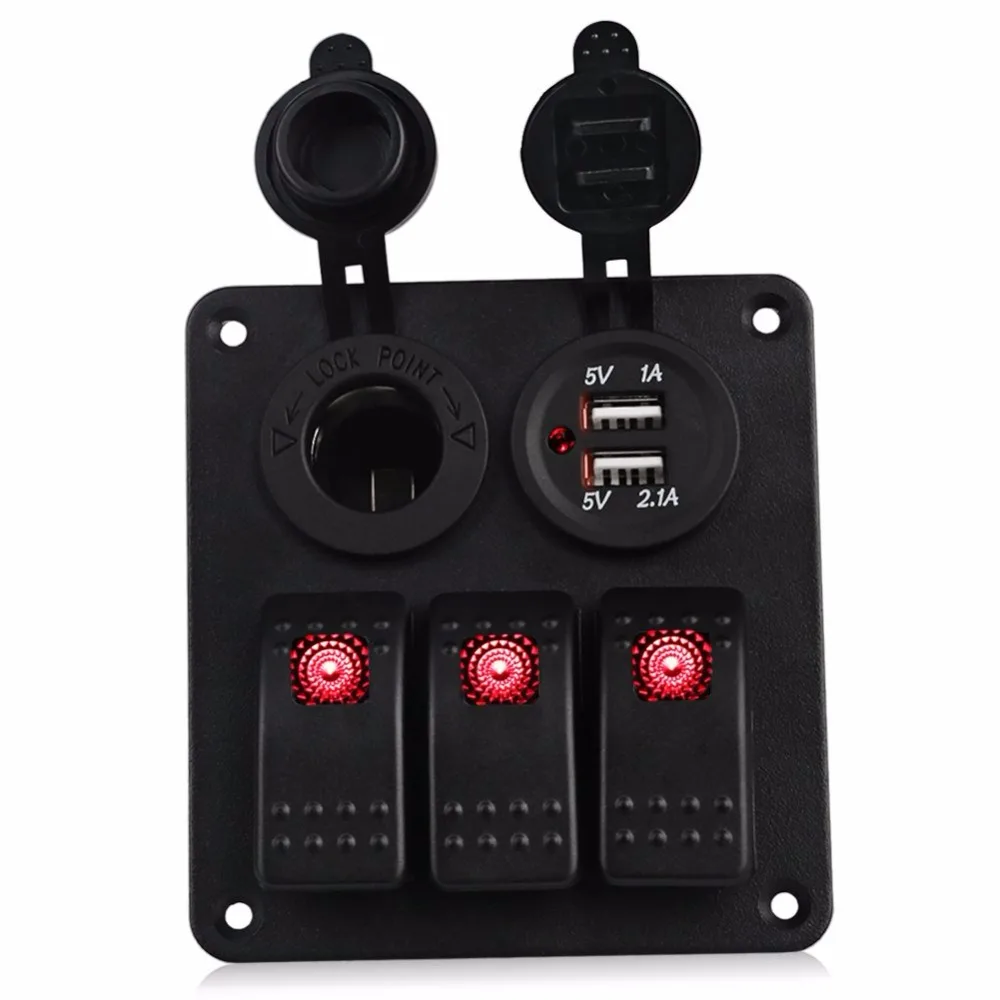 

Universal 3 Gang Switch Panel Aluminum Dual USB Socket + Fuse Circuit Breaker/Overload Protector RV Yacht Marine Boat Car