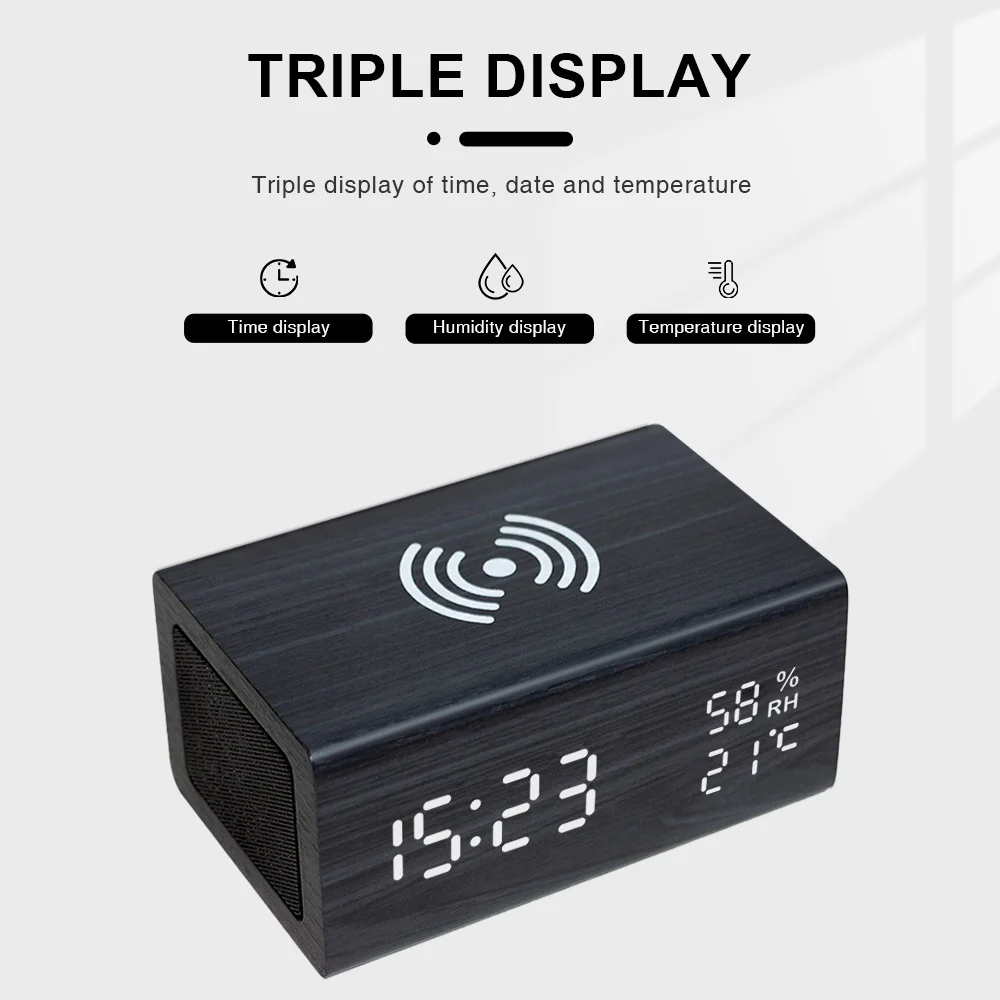 Wooden Digital Alarm Clock Wireless Charger Bt Speaker Led Clock Display Temperature Humidity with Sound Control Despertador