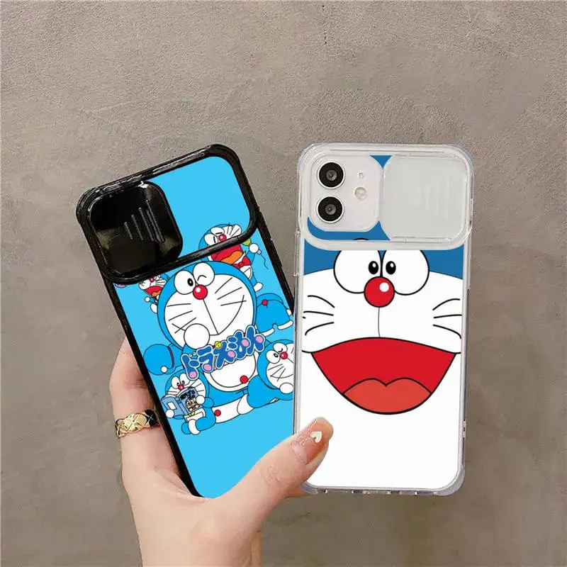 

Cute Cartoon Doraemon Robot cat Phone Case For iPhone 7 8 11 12 X XS XR MINI Pro Max Plus Slide Camera Lens Protection
