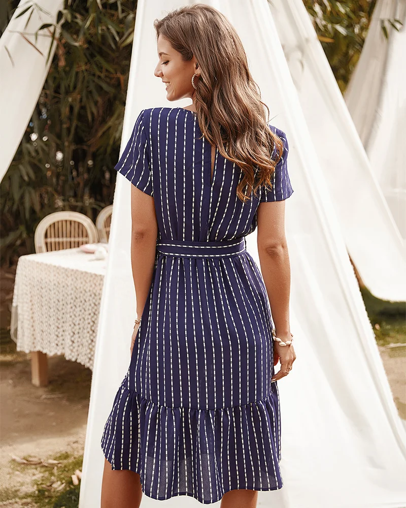 

Women V-Neck Striped Summer Sexy Slim Casual beach Bohemia Dress Bow Lace Up Ruffles Short Sleeve Ladies Dress Vestidos