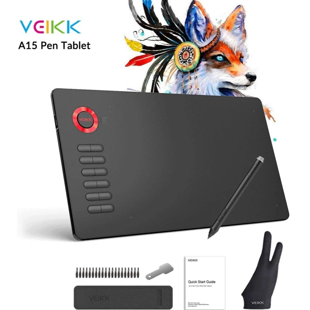 

Графический планшет VEIKK A15, 10x6 дюймов, с пассивным стилусом без батареи и 12 клавишами быстрого доступа