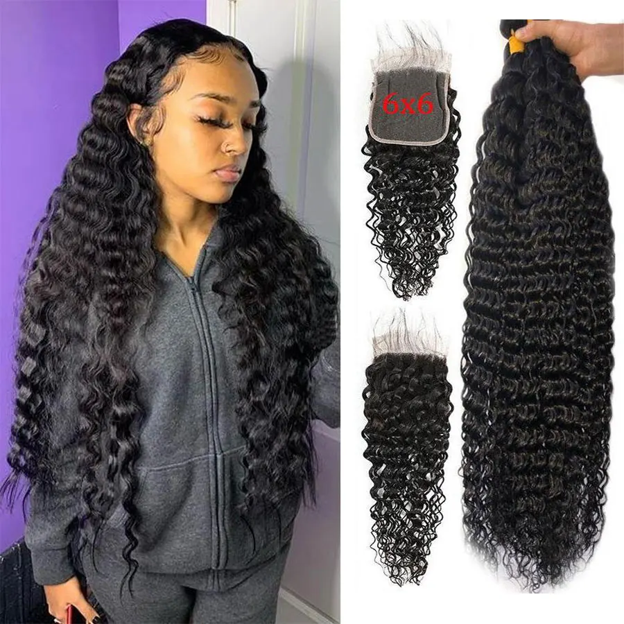 36 38 40 Inch Deep Wave Bundles With Closure 6x6 Lace Closure And Bundles Brazilian Human Hair Bundles With Closure Remy Hair
