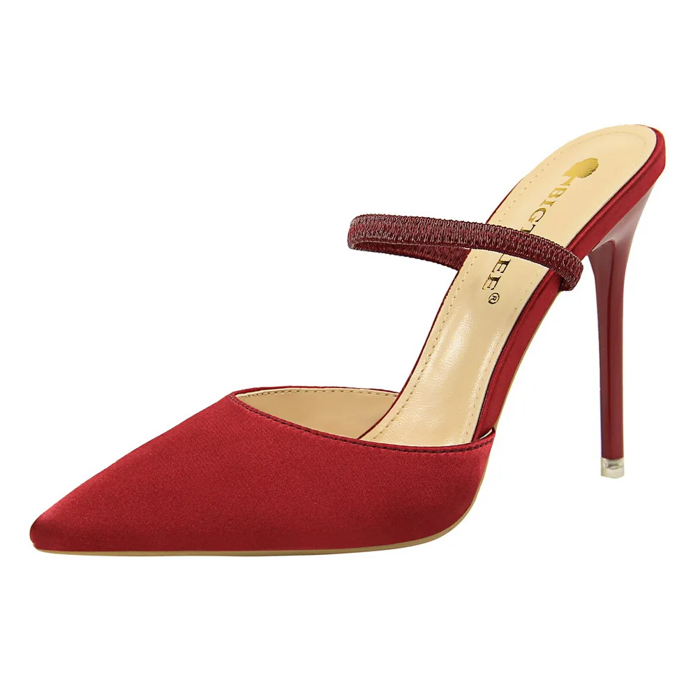 

European And American-Style Fashion Simple Fine With High Heels Baotou Shallow Mouth Pointed Satin Sexy Women Slippers