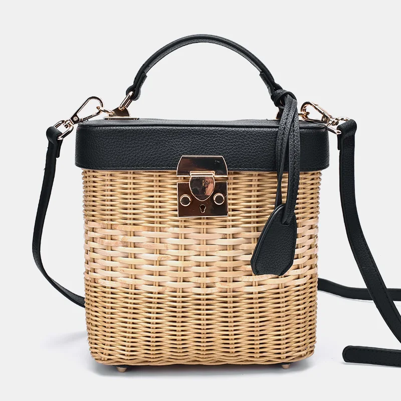 

Fashion Rattan Box Women Handbag Wicker Woven Designer Shoulder Crossbody Bag Luxury Summer Beach Straw Bag Female Travel Purses