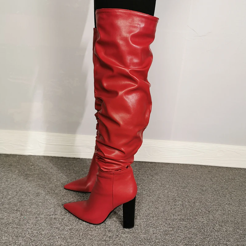 Красные сутулящиеся сапоги до колена на не сужающемся книзу массивном каблуке с острым носком женская зимняя обувь на высоком каблуке без застежки однотонная обувь винно-Красного цвета по индивидуальному заказу