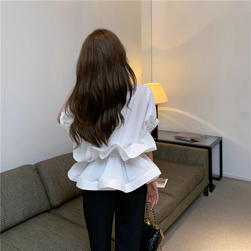

White Green Patchwork Ruffle Shirt For Women Stand Collar Long Sleeve Sashes Korean Blouse Female Fashion New Clothing 2021 Tide