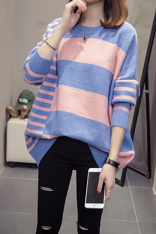 

Fat sister, autumn winter, loose top, sweater, big size, women's wear, 200 Jin, short stripes, thin and thin knitted sweater.