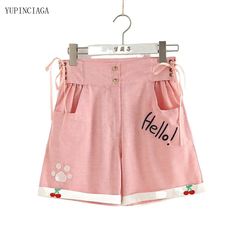 

2021 New Japan Style Girl Pink Tie Cat Claw Embroidery Casual Shorts Women Straight Leg Pants Female Bemuda Bottoms 2118294