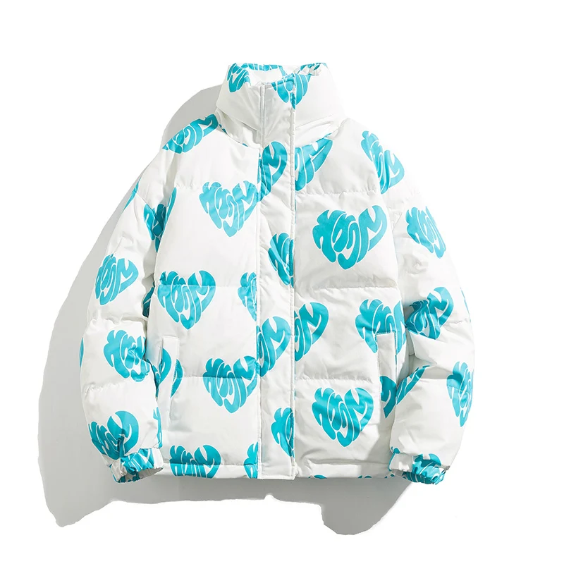 

Fashion Streetwear Parkas Men Women Winter Print Vintage Heart Jacket Thick Warm Loose Couple Coat Korean Clothes