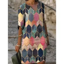 Half Sleeved V Neck Printed Loose Dress Women's Fashion Casual Vintage Spring Autumn All-match Plus Size Beach Dresses Vestidos