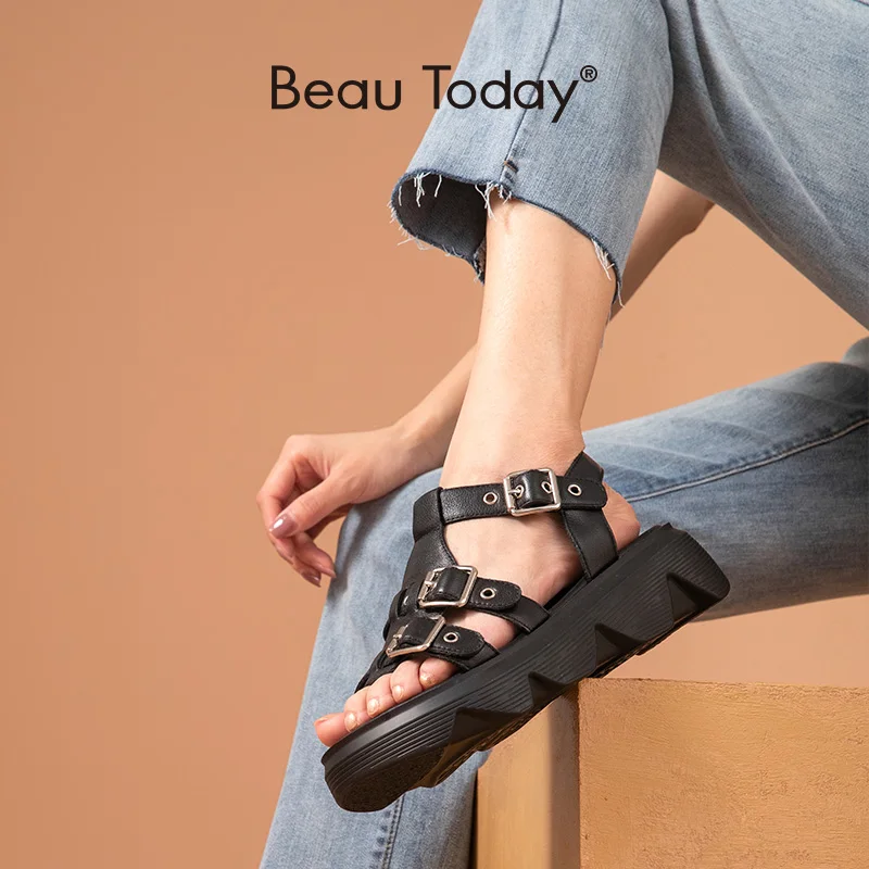 

BeauToday Chunky Sandals Gladiator Women Cow Leather Multi Buckles Ankle Strap Platform Ladies Casual Shoes Handmade 38168