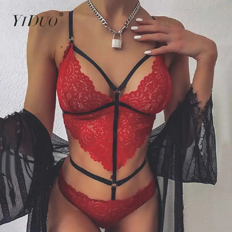 

YiDuo Women Red Black White Sexy Bandage Bodysuit Spaghetti Strap Hollow Out Body Mujer Club Lace Bodysuits 2020 New