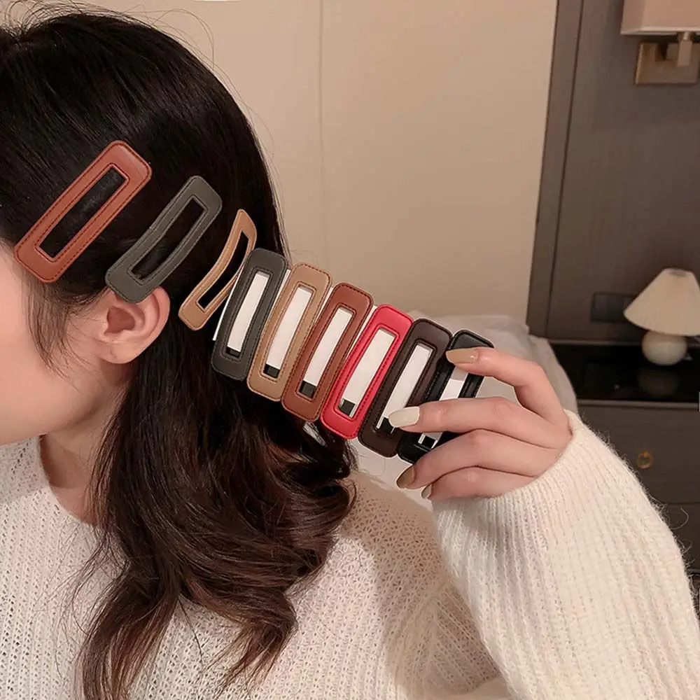 

Solid Color Hollow Rectangular Hair Clips Elegant PU Leather Side Bangs Hair Clips Minimalist Female Geometric Headwear
