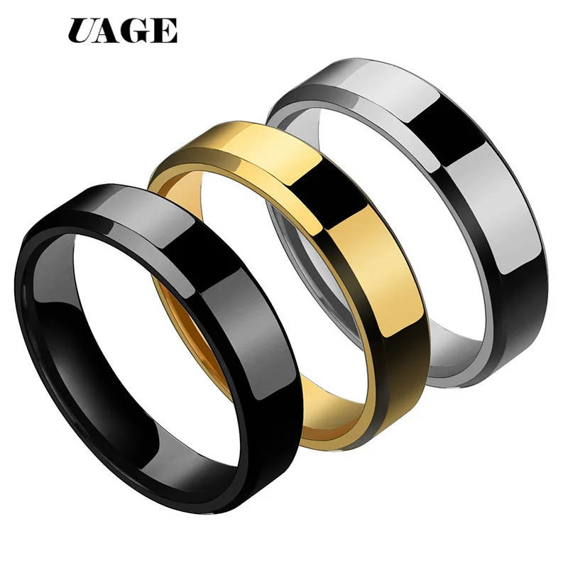 UAGE 2018 6mm Titanium Steel Black Finger Rings For Man Silver Plated Ring Women Golden-color Jewelry Female Wedding | Украшения и
