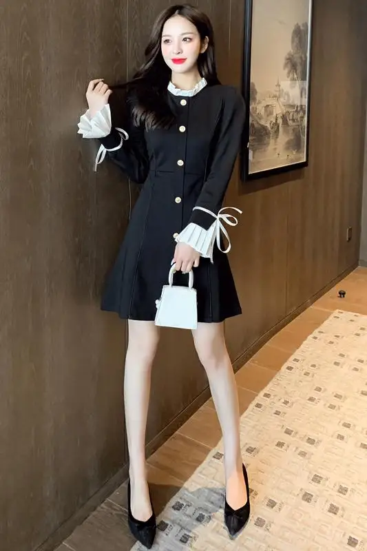 

COIGARSAM Full Sleeve Women one-piece dress korean New Winter High Waist Dresses Black 3721