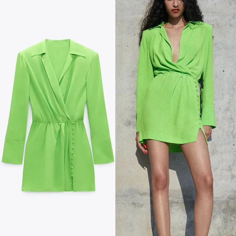

Summer 2021 Green Shirt Dress Women Long Sleeve Shoulder Pads Wrap Office Lady Dress Chic Button Up Pleated Mini Casual Dresses