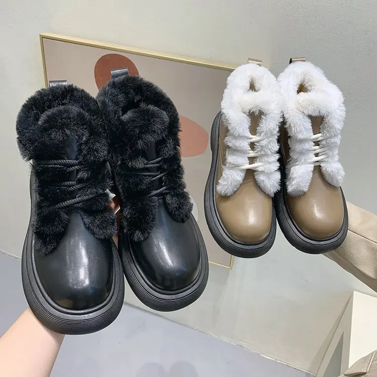 

Женские уличные ботильоны из ПУ кожи, черные или белые теплые ботильоны на платформе со шнуровкой и подкладкой из натуральной шерсти, для зи...