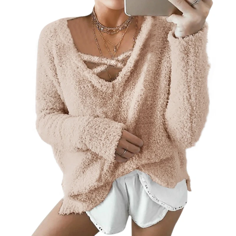 

SpringNew Loose Solid Color Sweater Women Warm Comfortable Corn Velvet V-neck Cross Rope Multicolor Clothes Women