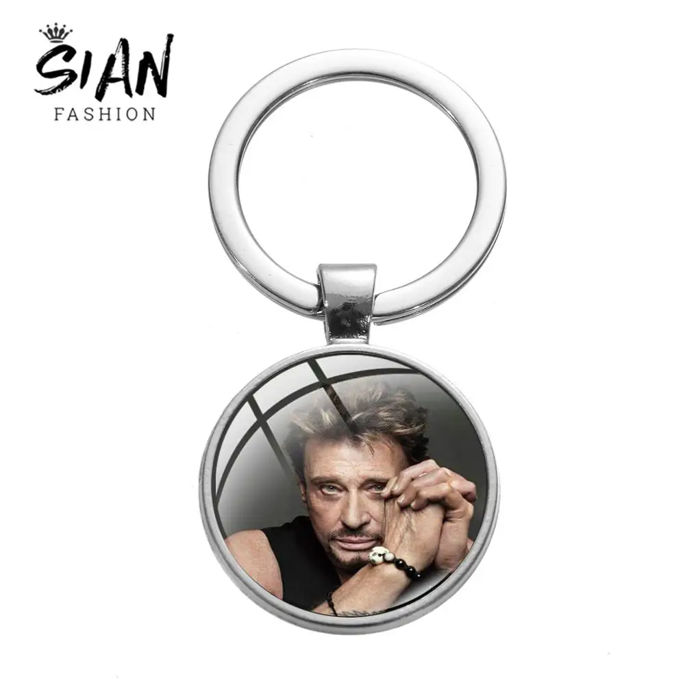 

SIAN Johnny Hallyday Rock Star Alloy Keychain Famous French Singer Art Picture Handmade Glass Round Key Ring Chain for Fans Gift