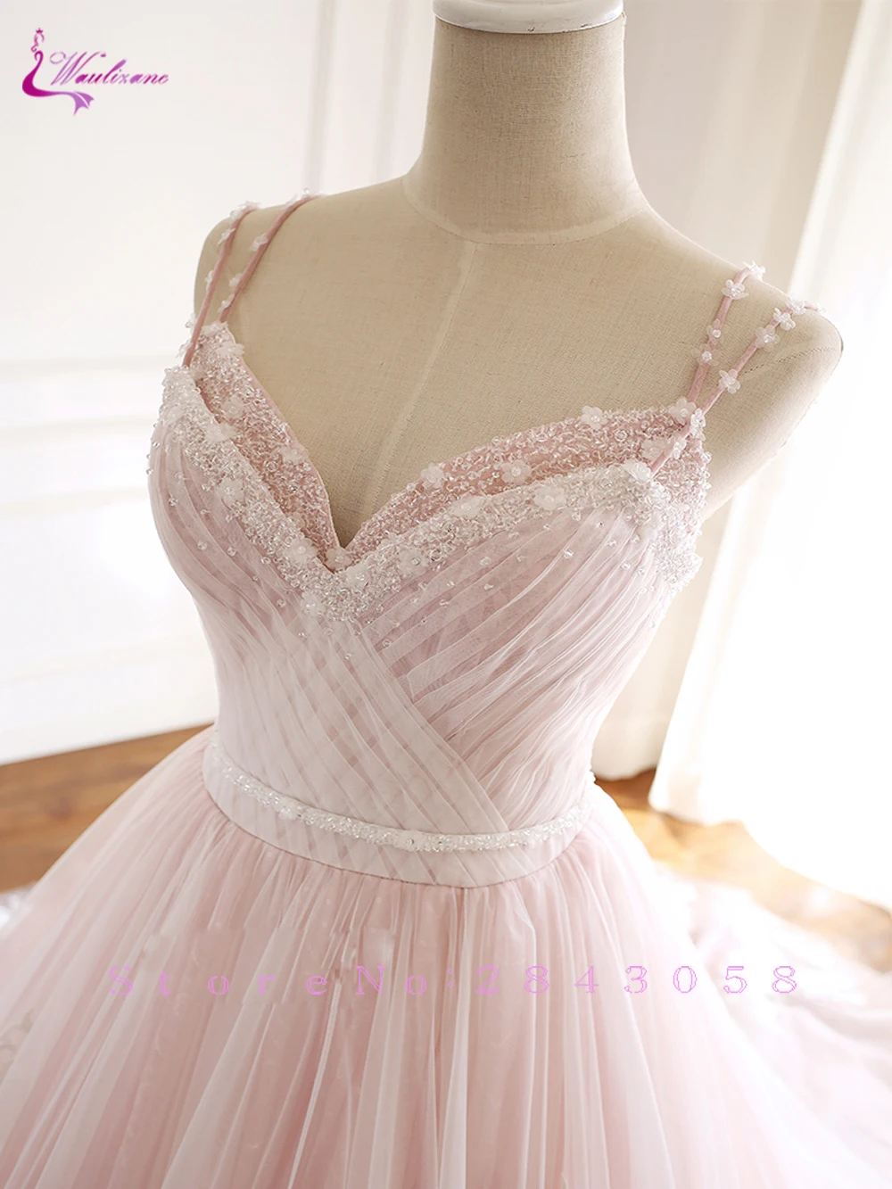 

Waulizane Spaghetti Strap Pleated Tulle A Line Wedding Dress With Gorgeous Appliques Lace Up Bridal Dress