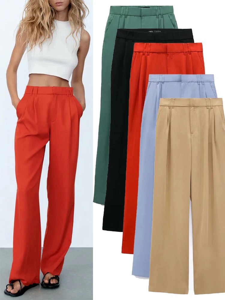 

Женские осенние брюки ZA, повседневные свободные универсальные, с высокой талией, тонкие, однотонные прямые брюки, разные цвета