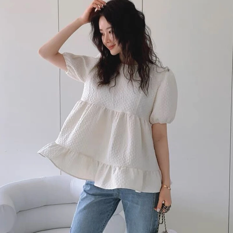 Новый летняя мода твердых женщин блузки рубашки O воротник кружева с плеча