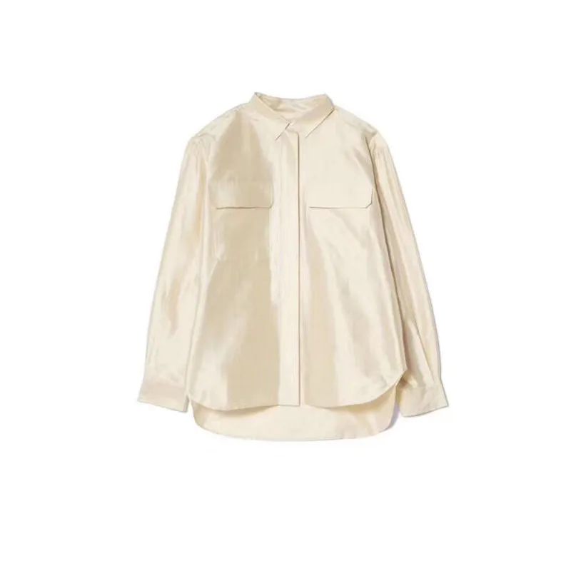 Light Yellow Женская Повседневная Блузка, одноцветная шелковая Женская свободная рубашка с двойными карманами - Цвет: Light Yellow