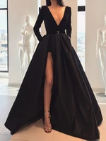 2020 saudi arabic black high side split a ling prom dresses full sleeves modest long prom gowns vestido longo festa