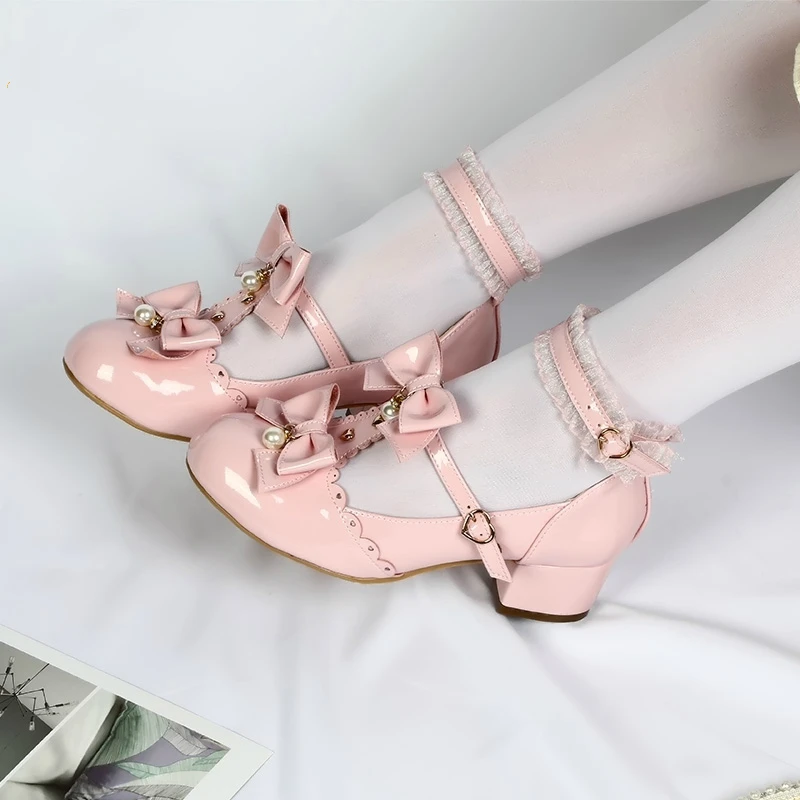 

Sweet Girls Lolita Princess Lace Bowknot Shoes Cute Bow Round Head Platform Mid Heel 4.5cm College Women Shoes Girl Kawaii Shoes