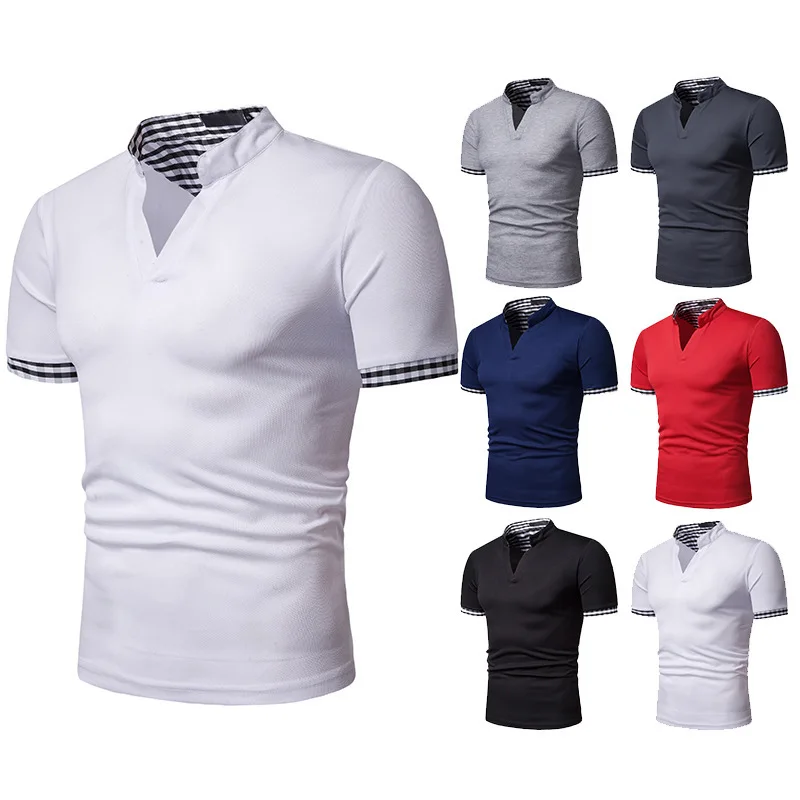 

Men's Short Sleeved Polo Shirt Henry Collar Color Matching Pullover T-Shirt With Plaid Stitching Casual Patchwork Tops