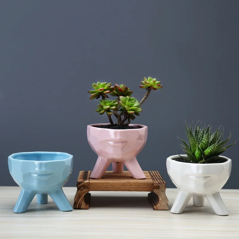 

Minimalist Flower Pot Ceramic Production Flower Pot Surface With Beautiful Lines Outline The Human Face House Decoration