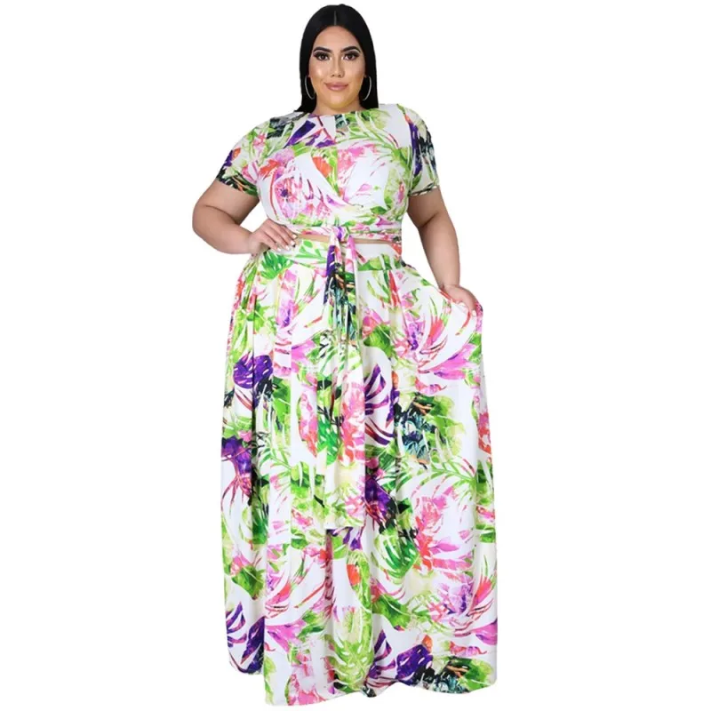 

Long Skirts Two Piece Sets Women 5XL Plus Size Bandage T Shirt Tops Outfits Fashion Floral Print Beach Style Skirt Suits Summer