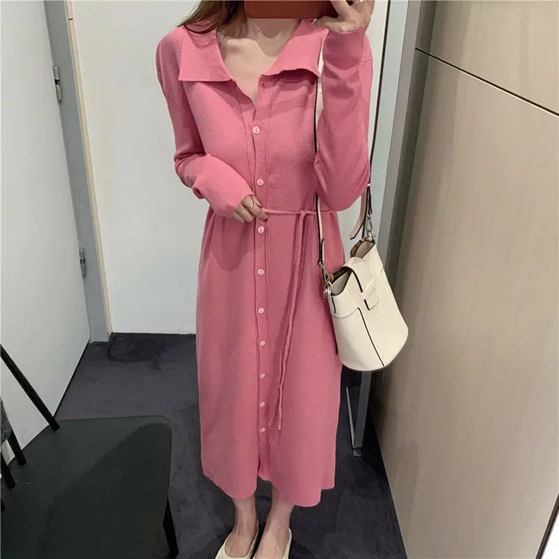 

Women New 2020 Spring Autumn Square Collar Ribbed Knit Slim Dress Female Solid Long Sleeve Single Breasted Dresses Vestidos Y639