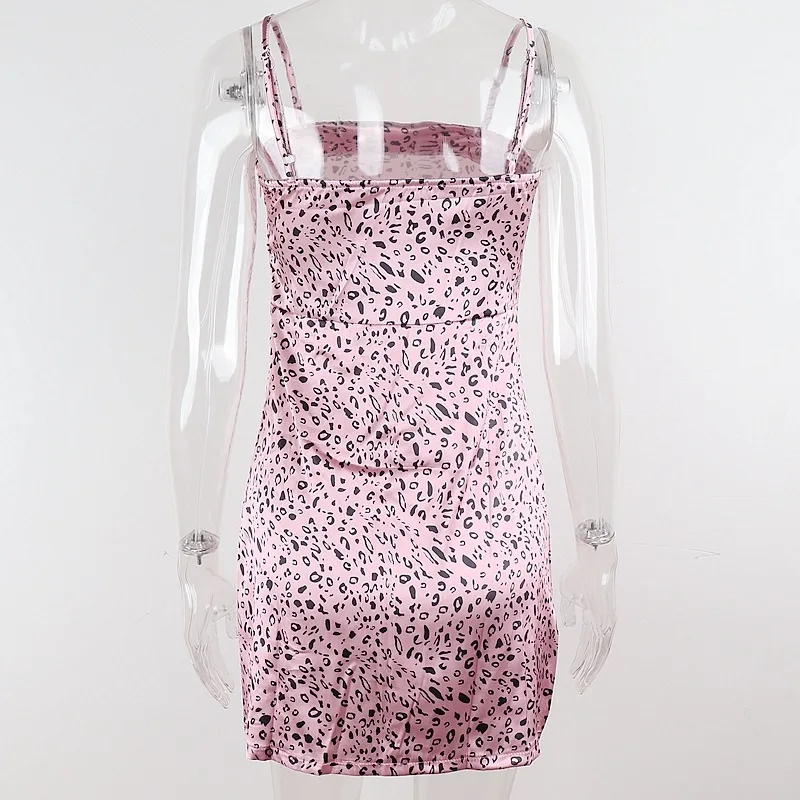 

2021 Autumn Korean Fashion Slim Leopard Print Sling Dresses for Women New Sexy A-line Backless Patchwork High Street Mini Dress