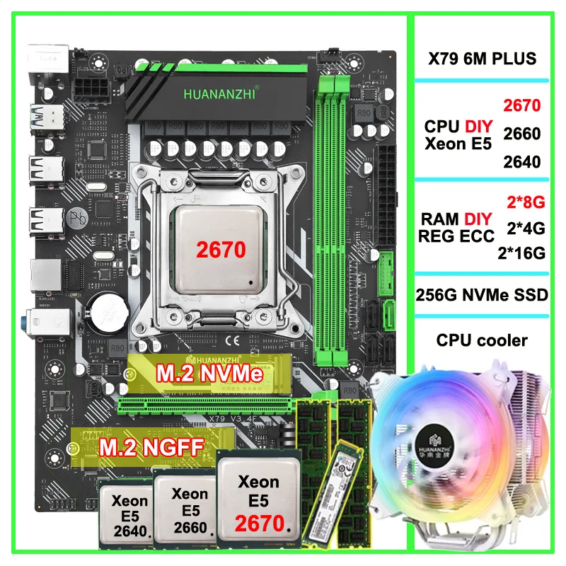 Bestellen HUANANZHI X79 6M PLUS Motherboard Mit Dual M.2 SSD Slot Computer DIY CPU Xeon E5 2670/2660/2640 Mit Kühler RAM 16G(2*8G) RECC