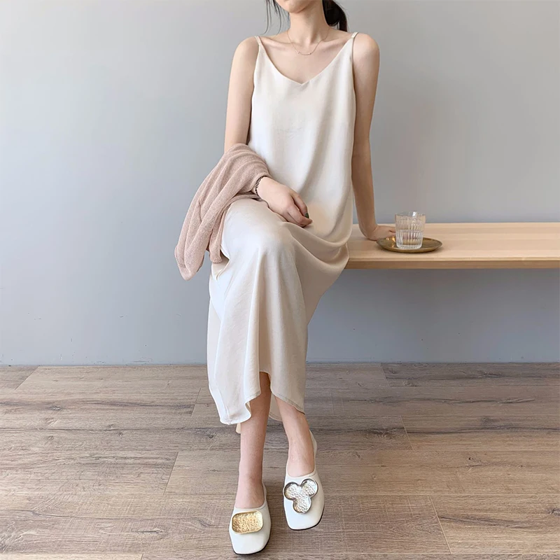 

2021 New Summer Women's Dress Solid Multi Colors Basic Satin Sexy Casual Sleeveless Vintage Elegant Wild Lady Long Dress