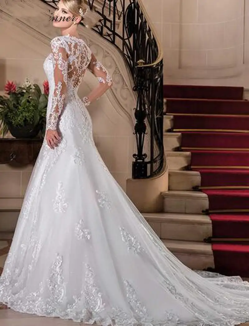Sexy Illusion Back Long sleeve Lace Mermaid Wedding Dress 2021 Europe New Pearls Beading Appliques White Bridal Gowns Vestidos bridesmaid