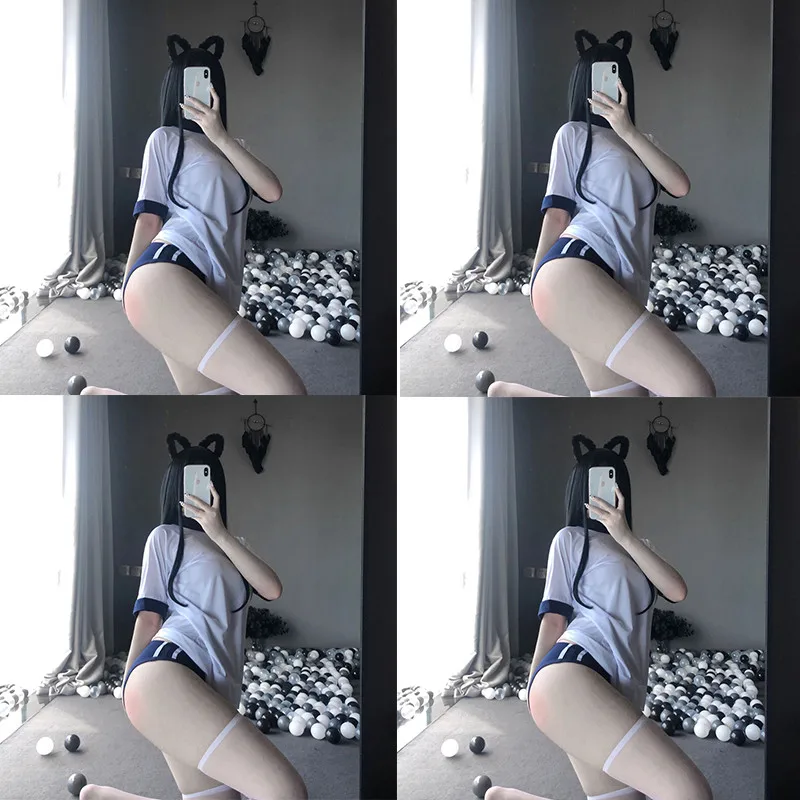 2Pc Japanese Student Costume Uniform Polyester Women Erotic Cosplay Outfit Sport Suit Playing Sexy Girl Lingerie Set Tops Shorts - купить по