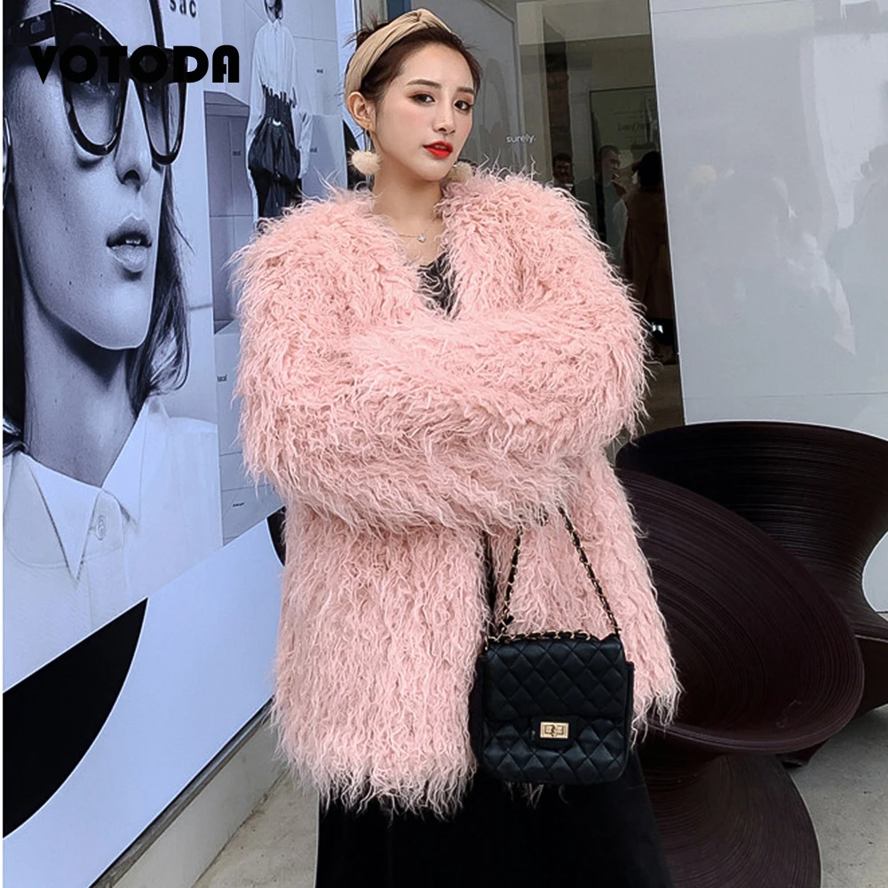 Winter Mongolia Sheep Fur Coat Women Warm Faux Fur Coats Fluffy Furry Wool Jacket Sexy Outerwear Ladies Fur Overcoat Outerwear