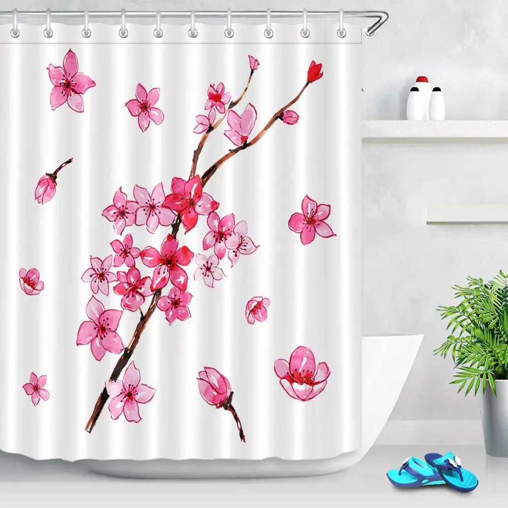 

Водонепроницаемая занавеска для душа из полиэстера, шторка с розовыми цветами вишни, с принтом, для ванной, аксессуары для ванны