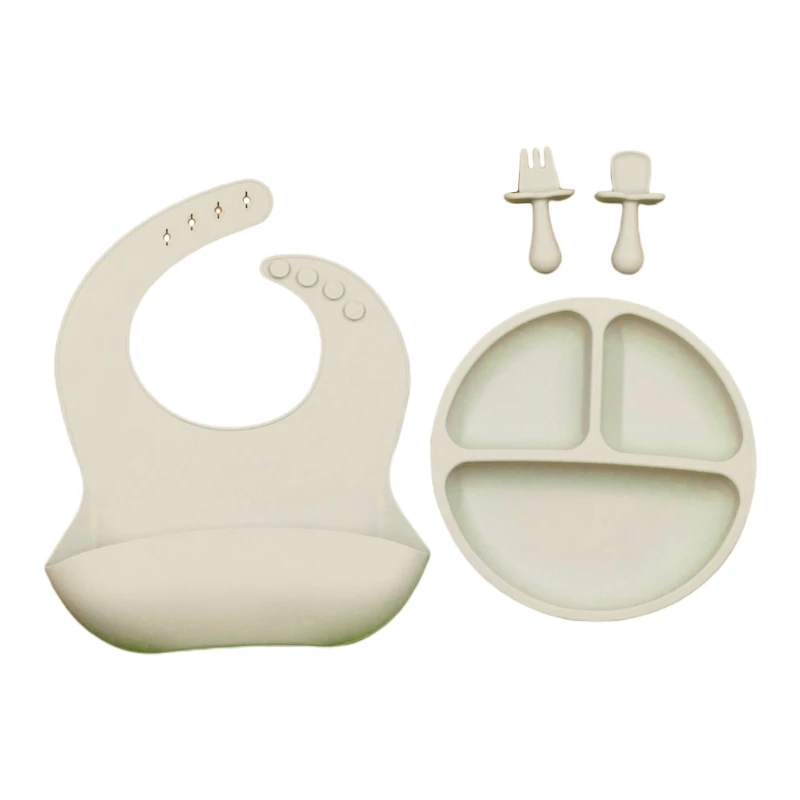 

4 Pcs/Set Baby Training Feeding Food Bowl Spoon Fork Bibs Set Anti Slip Silicone Suction Divided Plate Tray Utensil
