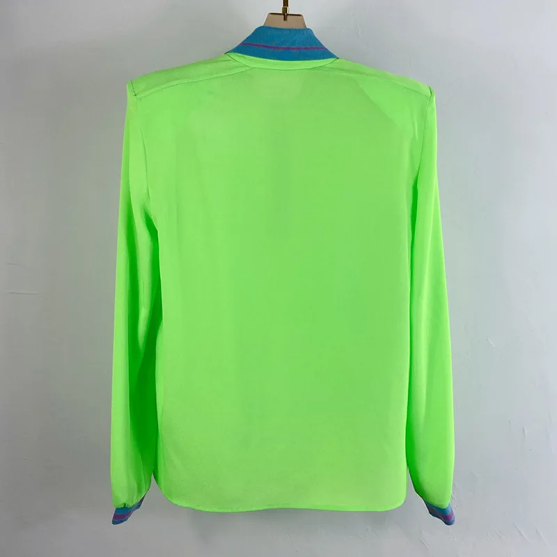 

High Quality Luxury Spring Ans Summer Women Contrasting Color Lapel Knitted Thread Collar Top Long-sleeved Tshirts