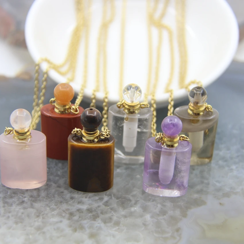 

Rectangle Amethysts/Tiger Eye Golded Chains Perfume Bottle Pendants Necklace Charms,White Quartzs Essential Oil Diffuser Vial