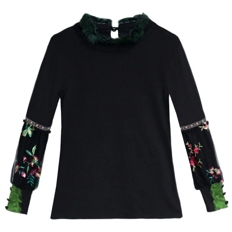 Женская футболка KYQIAO черная зимняя Водолазка с длинным рукавом и вышивкой в