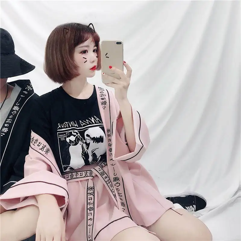 Neploe женский кимоно кардиган японский принт розовая блузка Рубашки 2019 Осенние