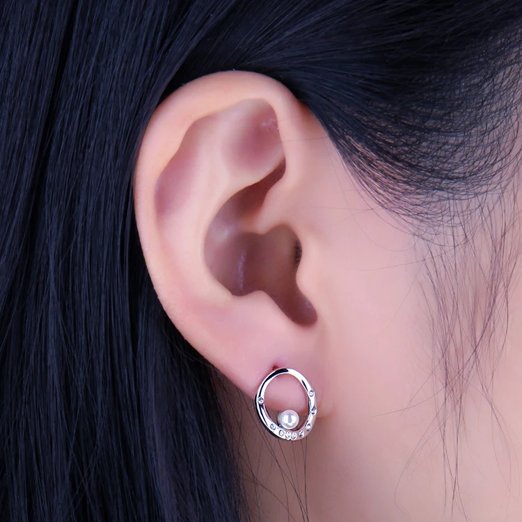 JewelryPalace Modern Art Deco Crystal 3mm Round Shape Shell Pearl Curved Circle Stud Earrings 925 Sterling Silver Trendy Jewelry