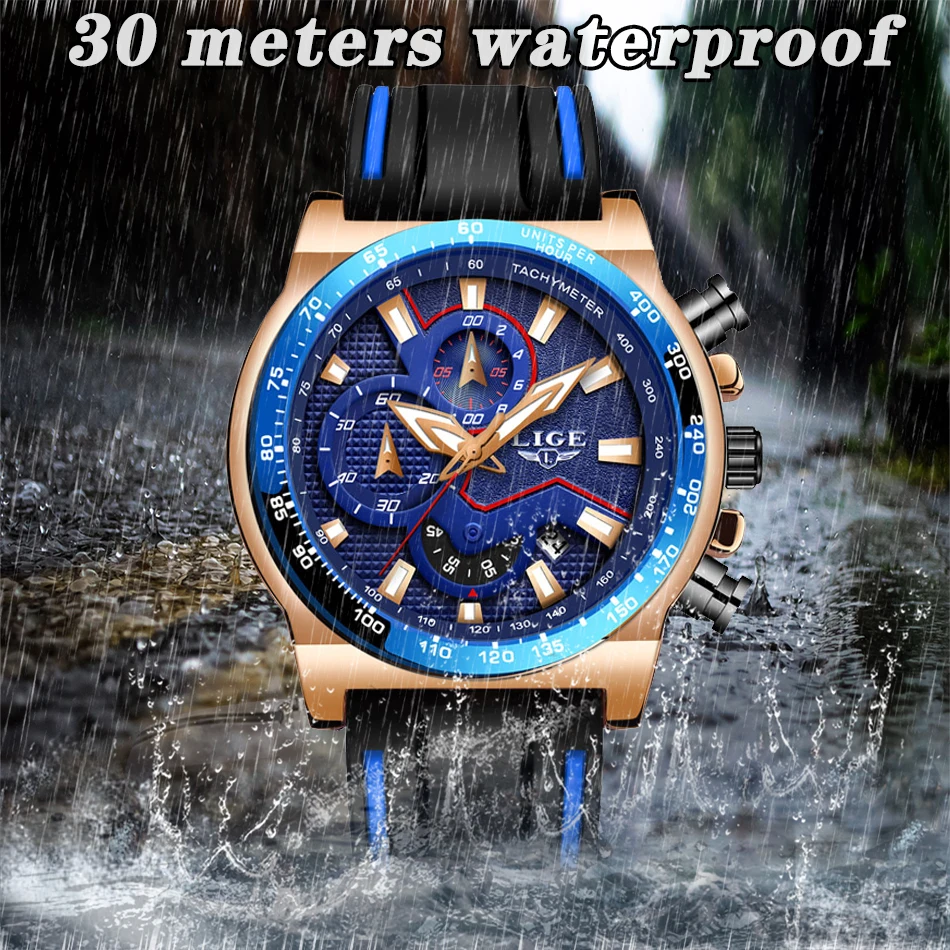 Часы наручные LIGE мужские с силиконовым ремешком брендовые Роскошные Кварцевые