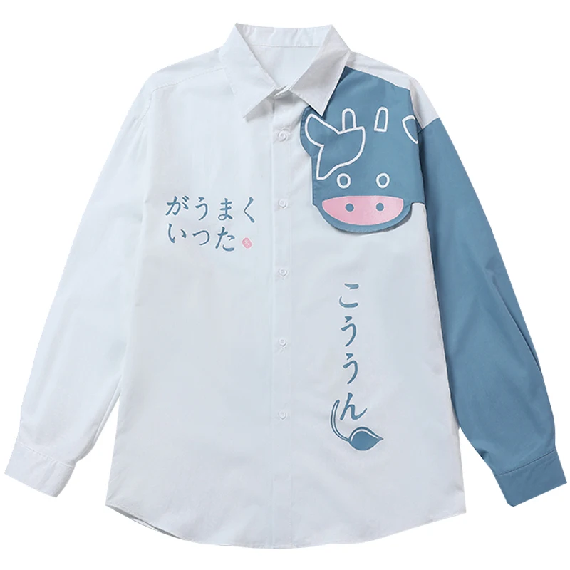 

Men Shirt 2021 New Arrival Spring And Autumn Cartoons Splicing Casual Loose Male Shirt Japanese Style Blue White Hot Sale S141